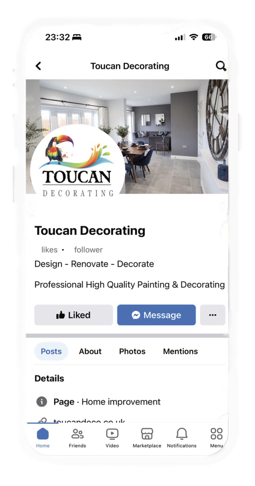 White mobile phone with Toucan Decorating contact information, logo and Facebook listing shown on the screen.