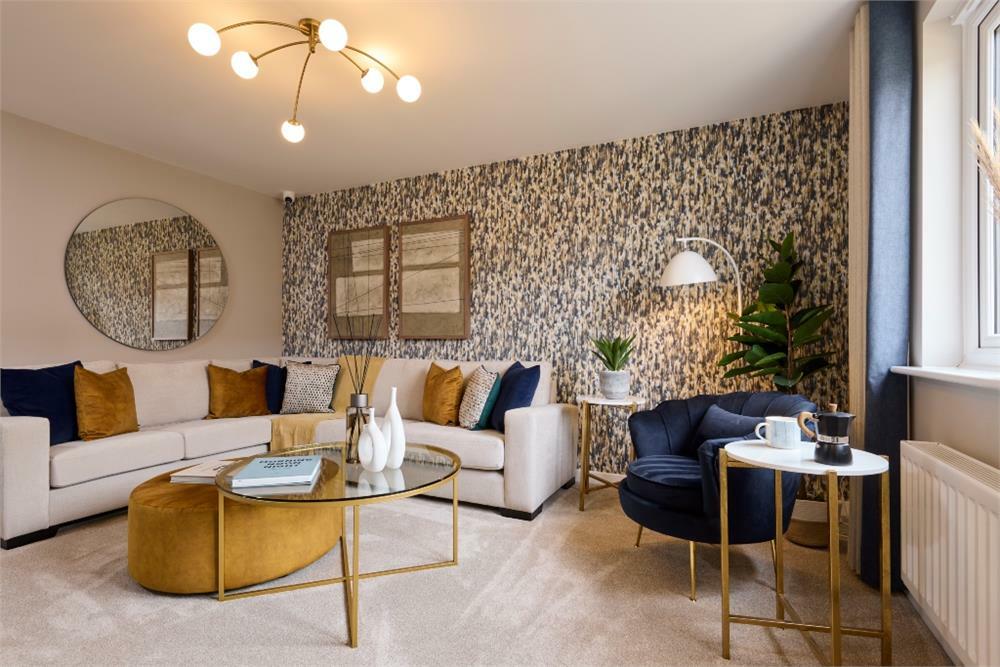 Modern spacious lounge with soft carpet and Scandinavian furnishings
