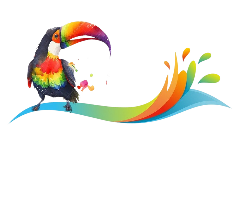 TOUCAN DECORATING LOGO, a toucan sat on a wave of paint with paint dripping from its bill