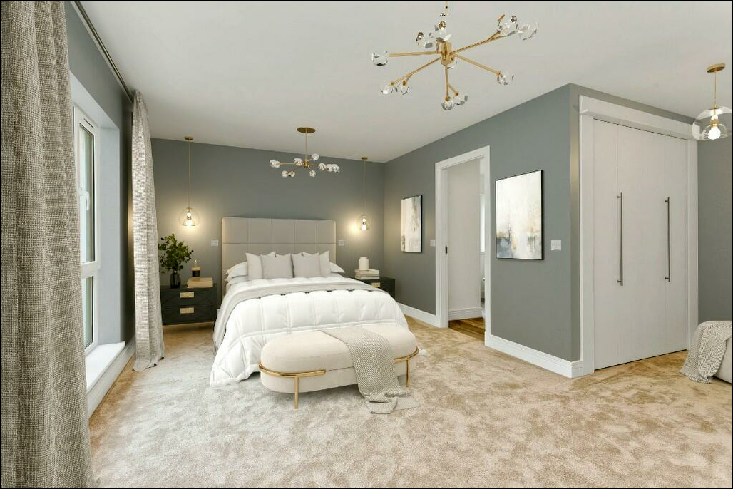 luxury master bedroom with ensuite bathroom. cream luxury carpet with a large king size bed and white ottoman.